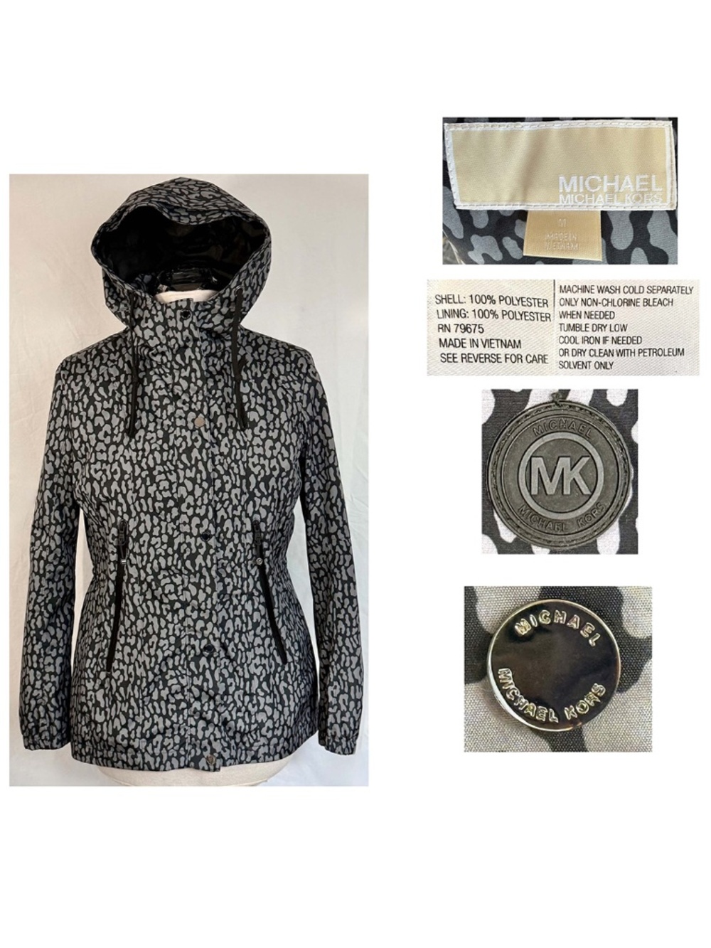 Michael Kors Jacket Womens Medium Gray Black Windbreaker Hood Lightweight Casual